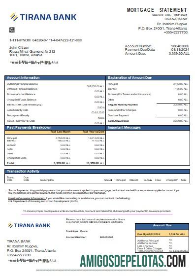 Declaração de hipoteca do Banco Tirana da Albânia Scr amostra
